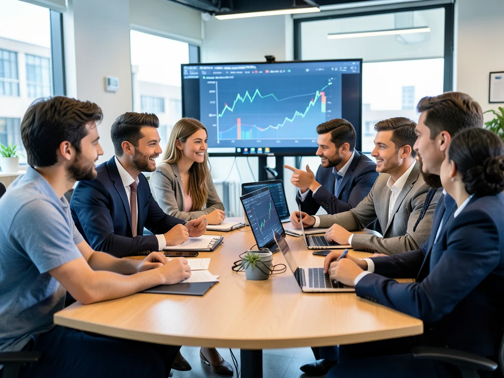 Young professionals collaborating on financial data in an office.