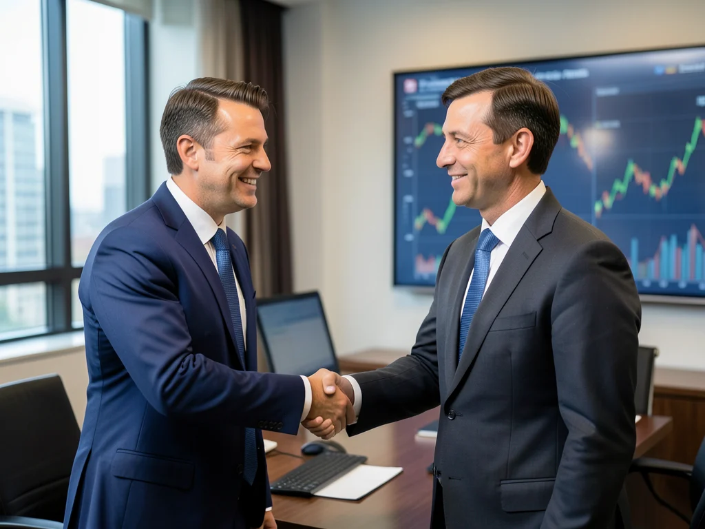 Banker and client shaking hands in a professional setting.