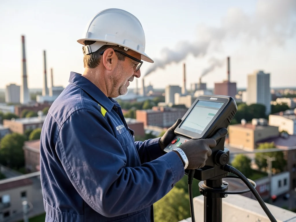 Monitoring air quality in an urban setting with industrial emissions in the background.