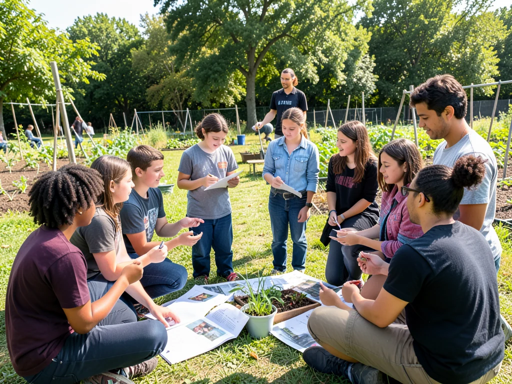 Environmental education session with young participants and a facilitator in an outdoor setting.