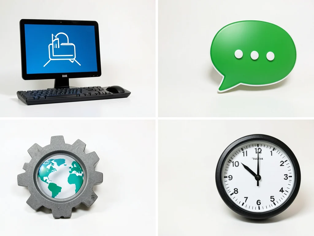 Icons representing essential skills for the internships: computer literacy, communication, project management, and time management.