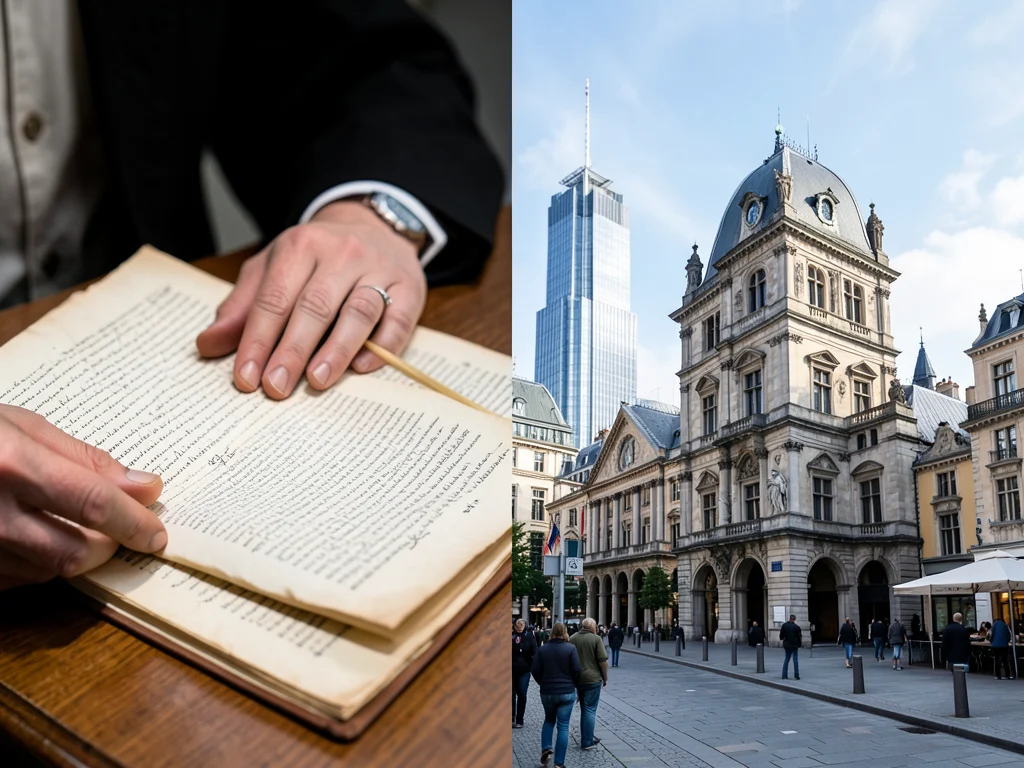 A scholar studying historical documents contrasted with modern influence.