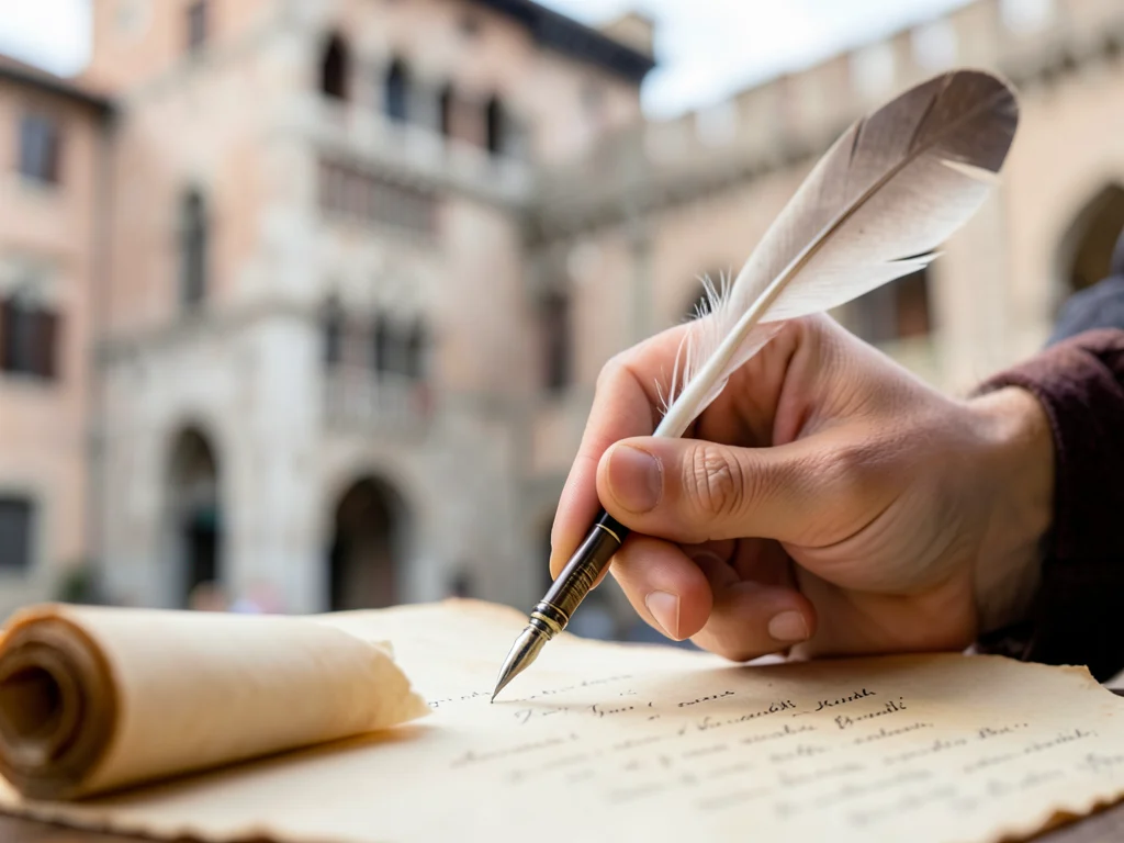 A quill pen ready to write on parchment, symbolizing scholarly application.