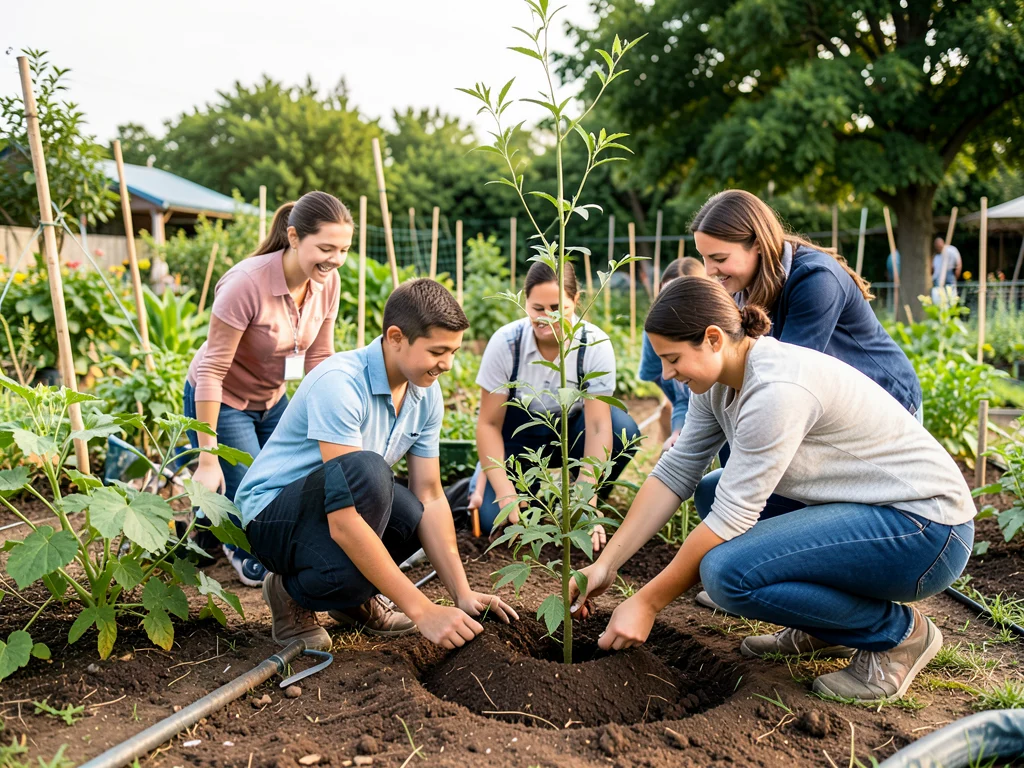 Young leaders planting trees, representing growth and collective action for a sustainable future.