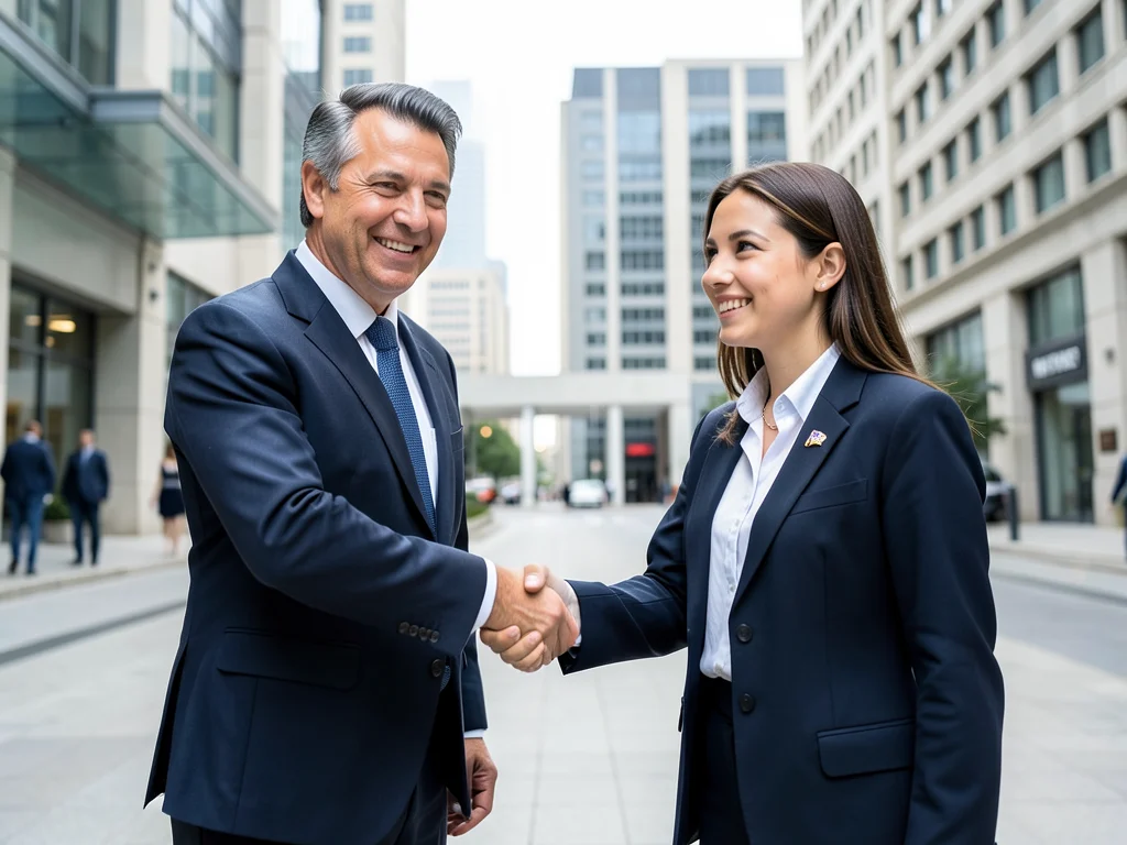 A handshake symbolizing partnership and opportunity between government and graduates.