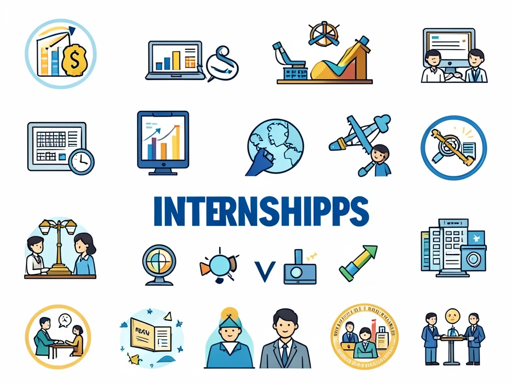 Icons representing diverse fields of study and career paths suitable for internships.
