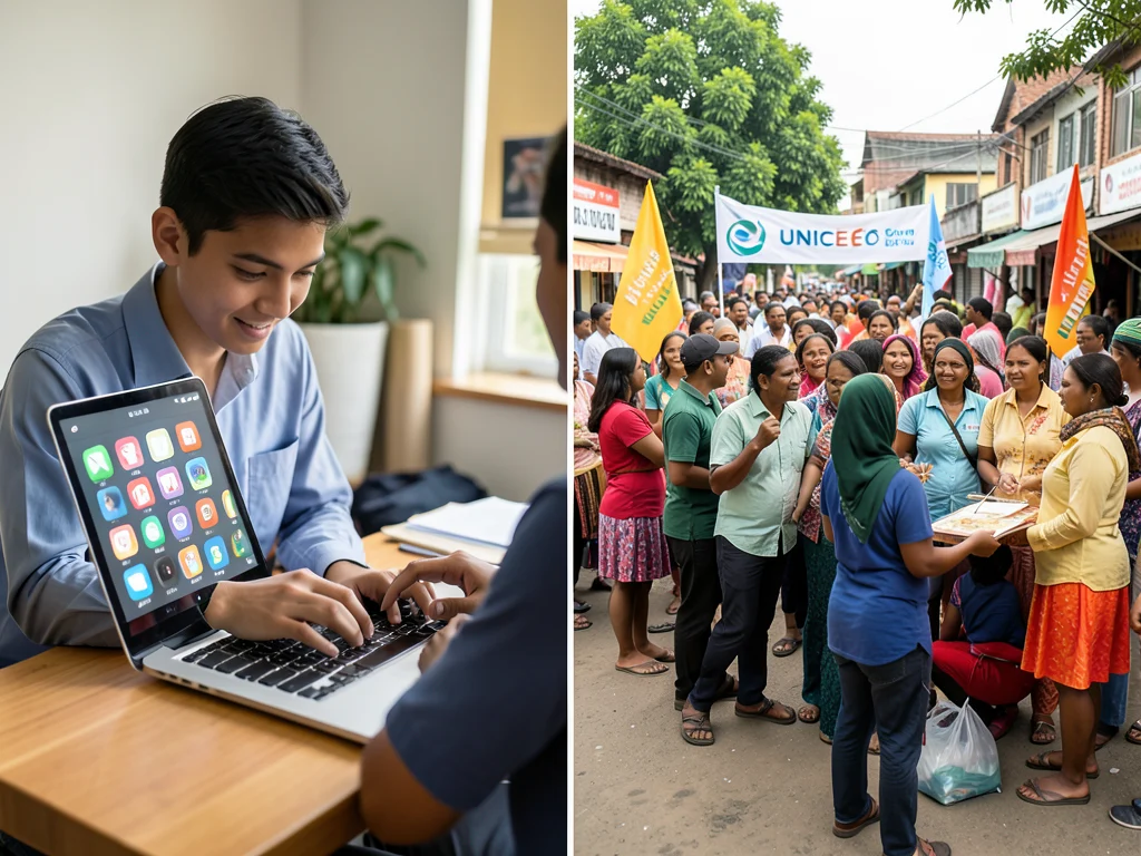 Young professionals creating online content and engaging with volunteers.