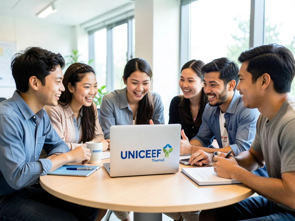 Young professionals collaborating on digital content and advocacy projects for UNICEF Thailand.