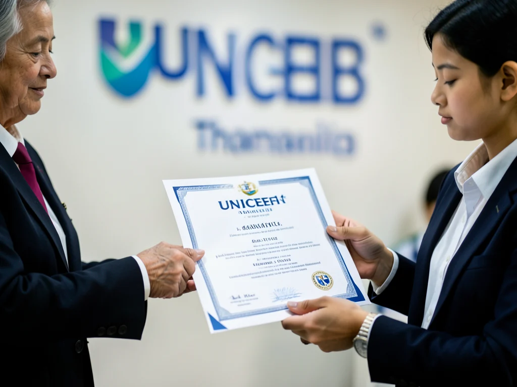 Receiving a certificate of completion from UNICEF Thailand.