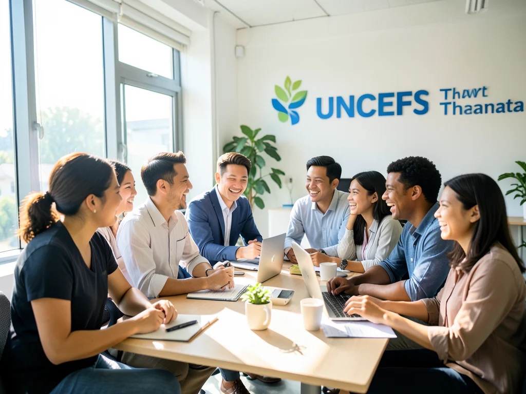 Young professionals collaborating in a bright office, highlighting UNICEF Thailand's program.