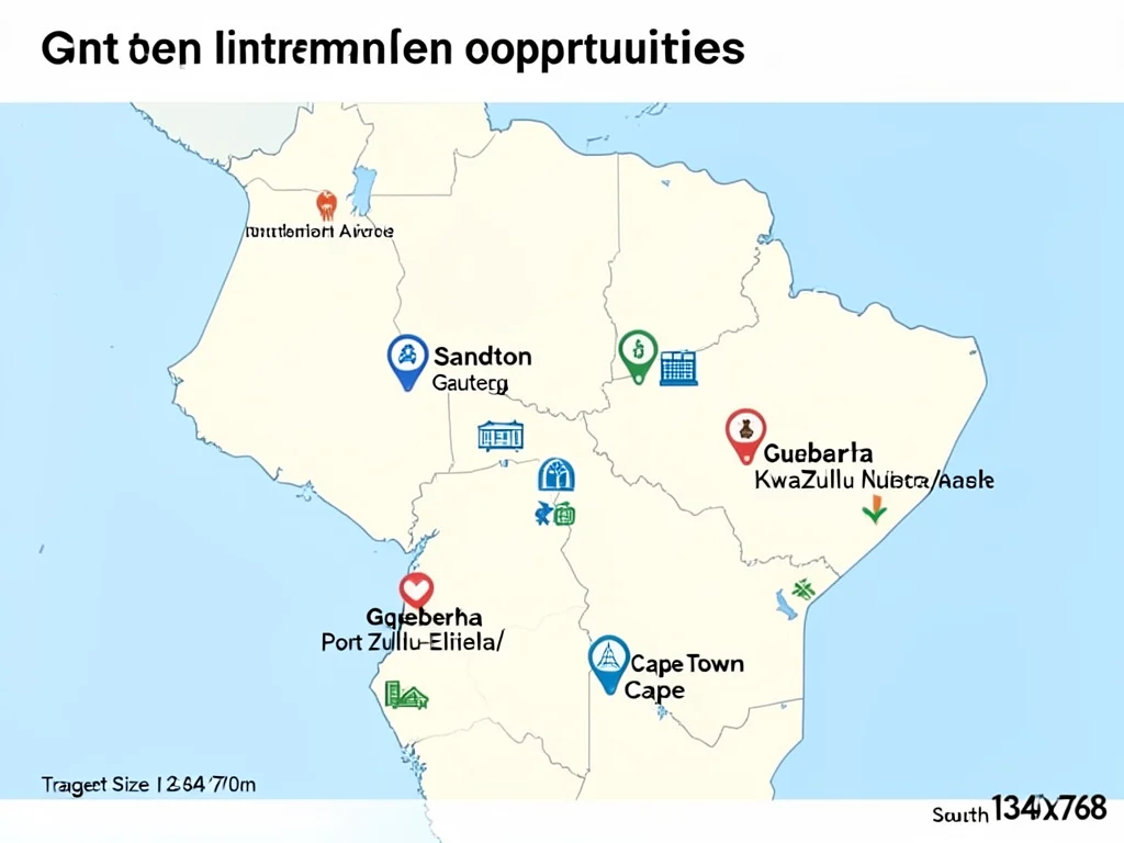 Map of South Africa showing internship locations in Sandton, Durban, Gqeberha, and Cape Town.