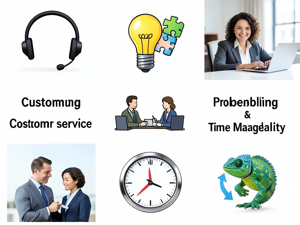 Icons representing essential soft skills such as customer service, problem-solving, and teamwork.