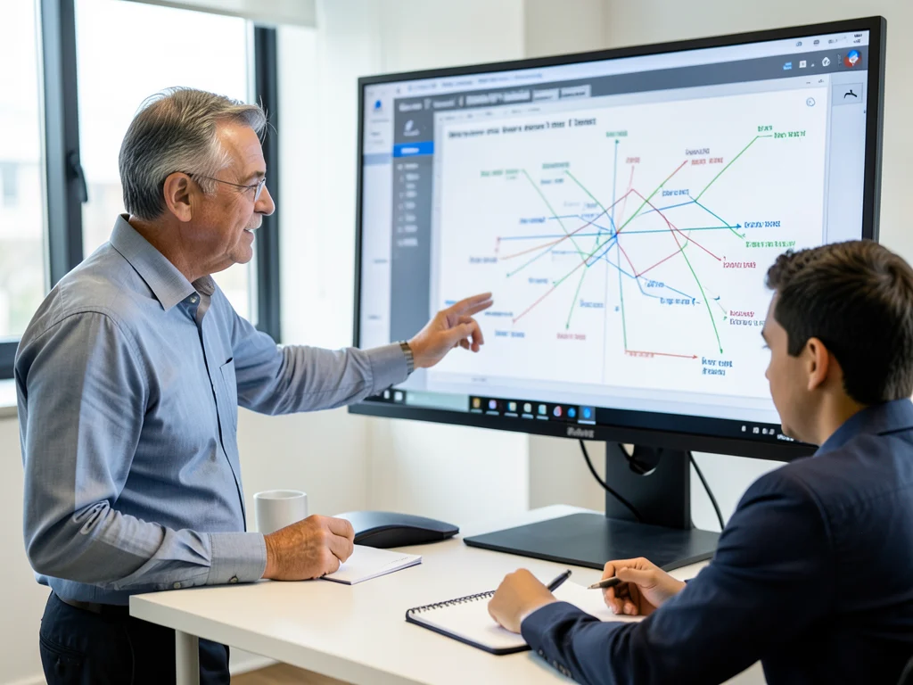 Mentor guiding a student through a complex data model.