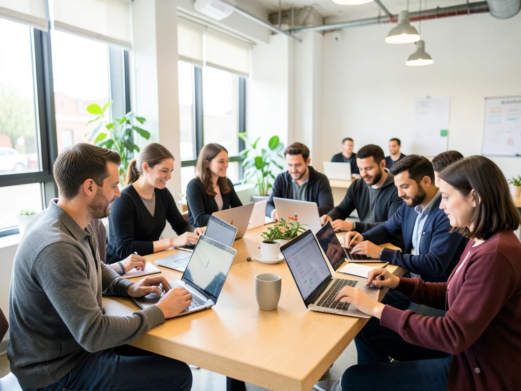 People freelancing on laptops in a co-working space.