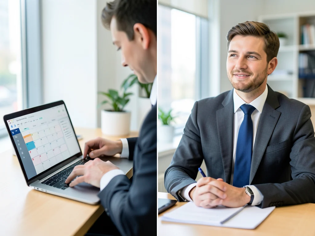 Virtual assistant organizing tasks and a relieved business professional.