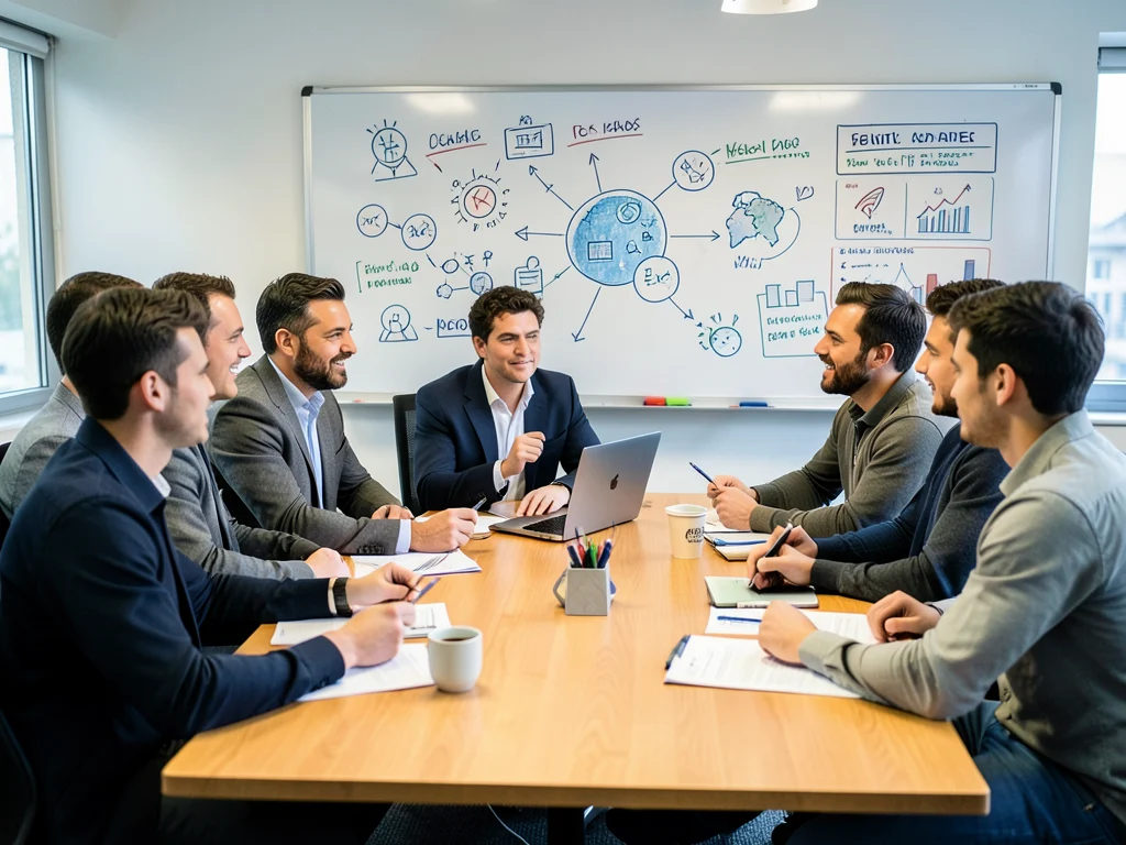 AI researchers and entrepreneurs collaborating on AI business ideas.