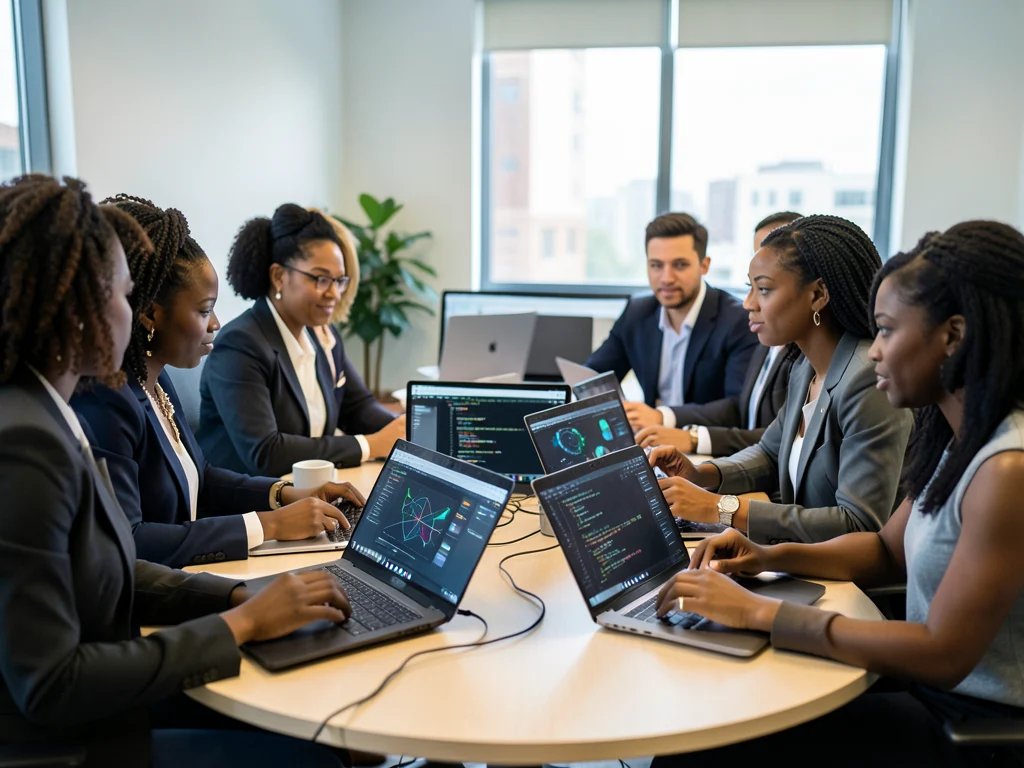 African women collaborating on AI security projects.