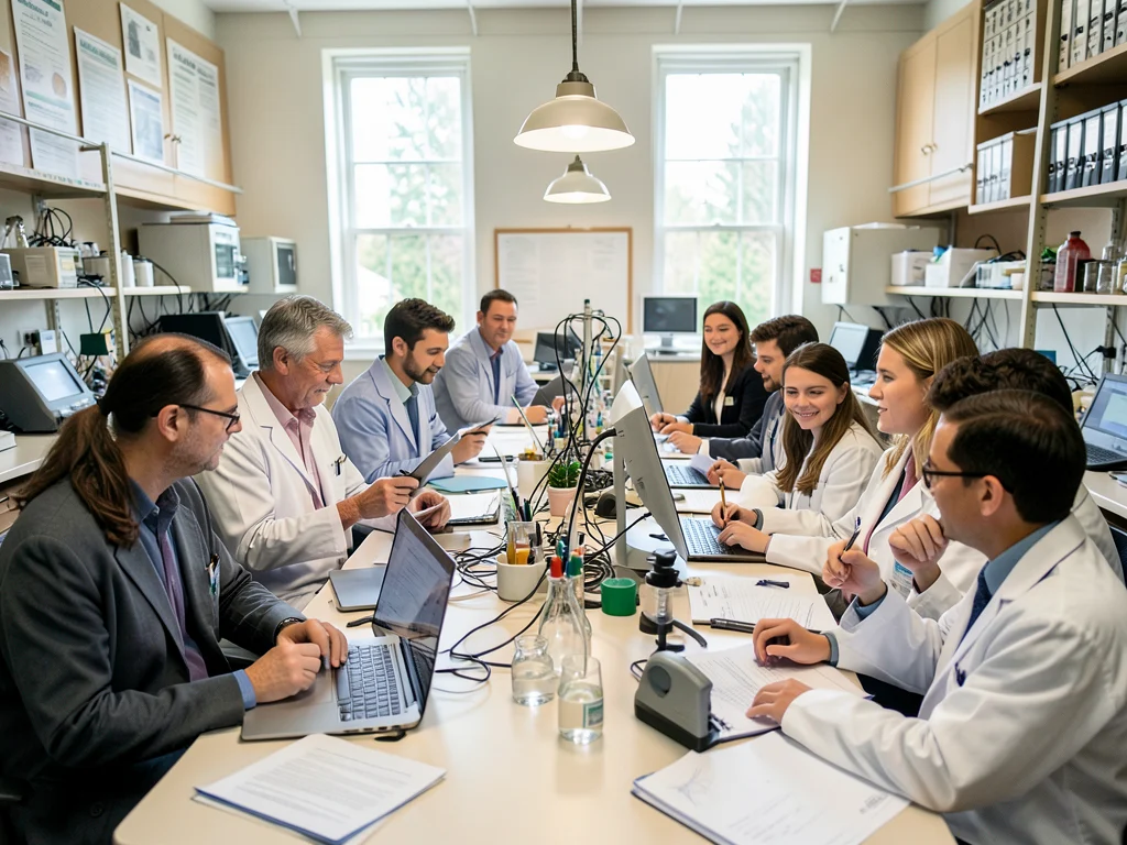 Doctoral students and Smithsonian researchers collaborating in a lab.