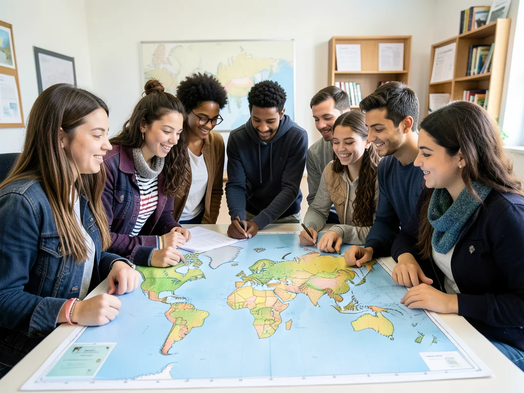 Diverse group of students looking at a world map, representing the fellowship's global reach.