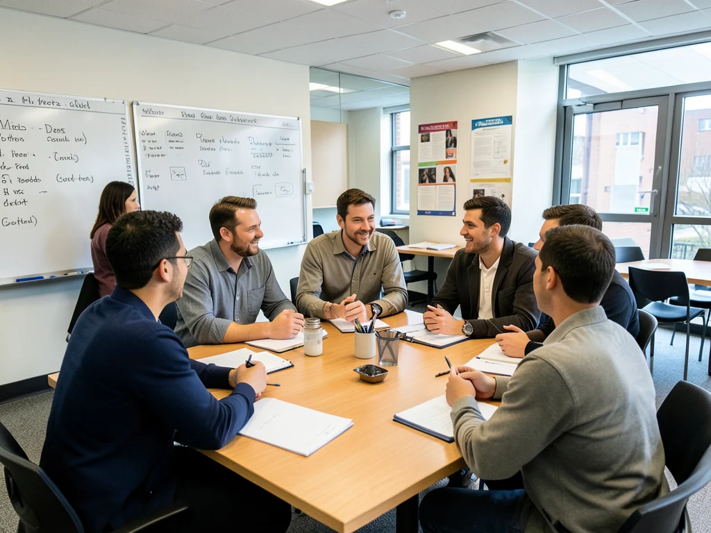 Postdoctoral fellows collaborating and discussing research ideas in a modern university setting.