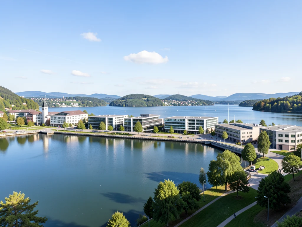 University of Konstanz campus with modern buildings and Lake Constance in the background.