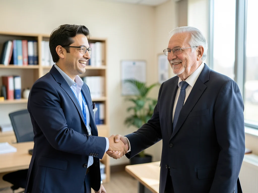 Early-career researcher celebrating success with a senior academic.