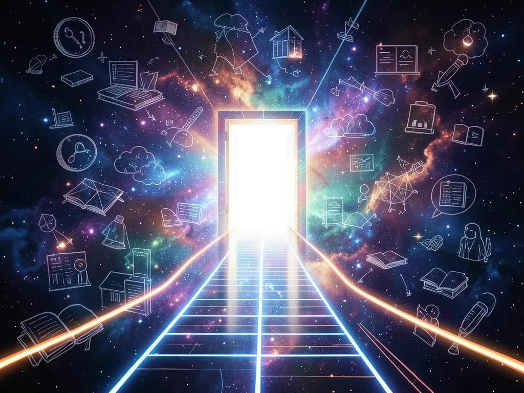 Abstract pathways leading to an open doorway, symbolizing opportunity and knowledge.