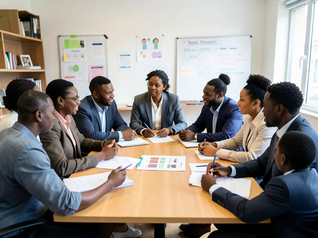 Diverse group of African professionals collaborating on mental health initiatives.