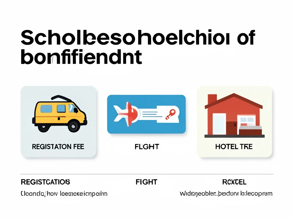 Icons representing scholarship coverage: registration, travel, and accommodation.