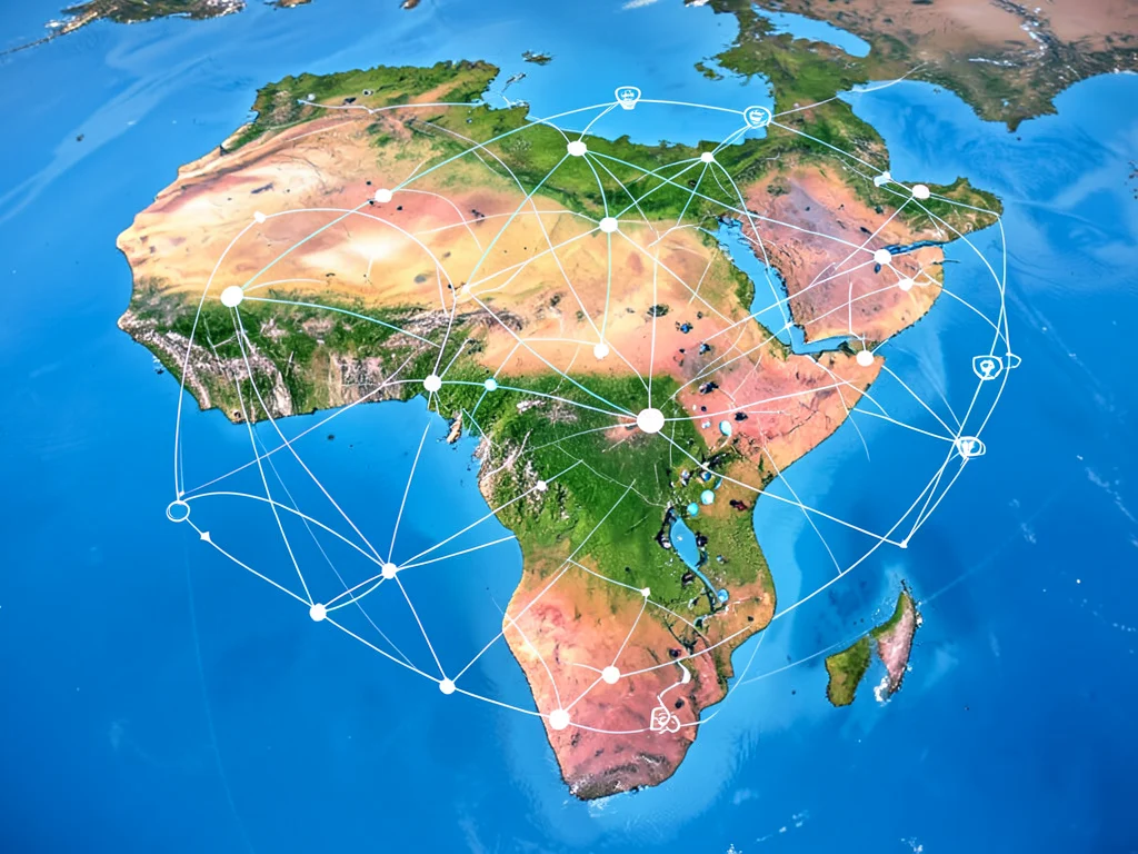 Map of Africa with interconnected lines symbolizing collaboration in mental health.