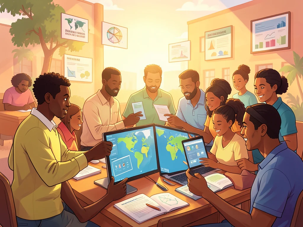 Diverse African individuals accessing global scholarship information online.