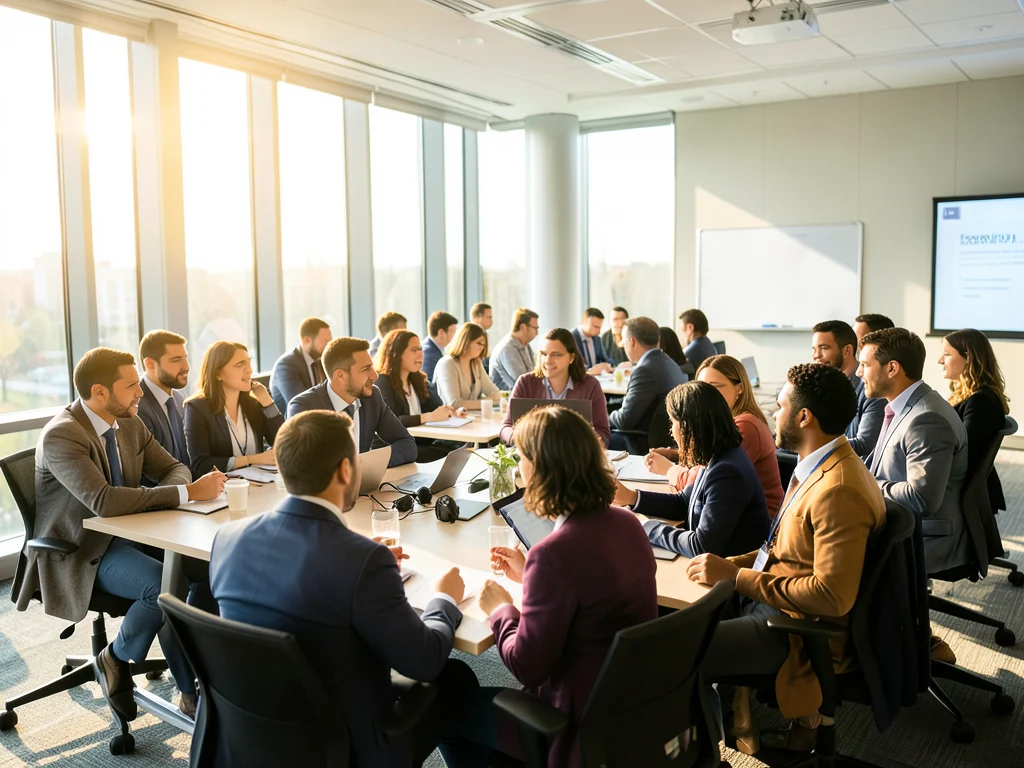 Young leaders from diverse backgrounds collaborating at an international summit.