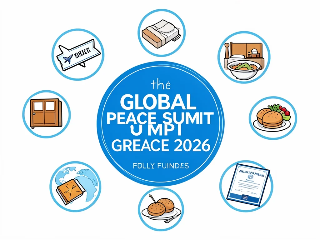 Infographic detailing the fully funded benefits of the Global Peace Summit Greece 2026.