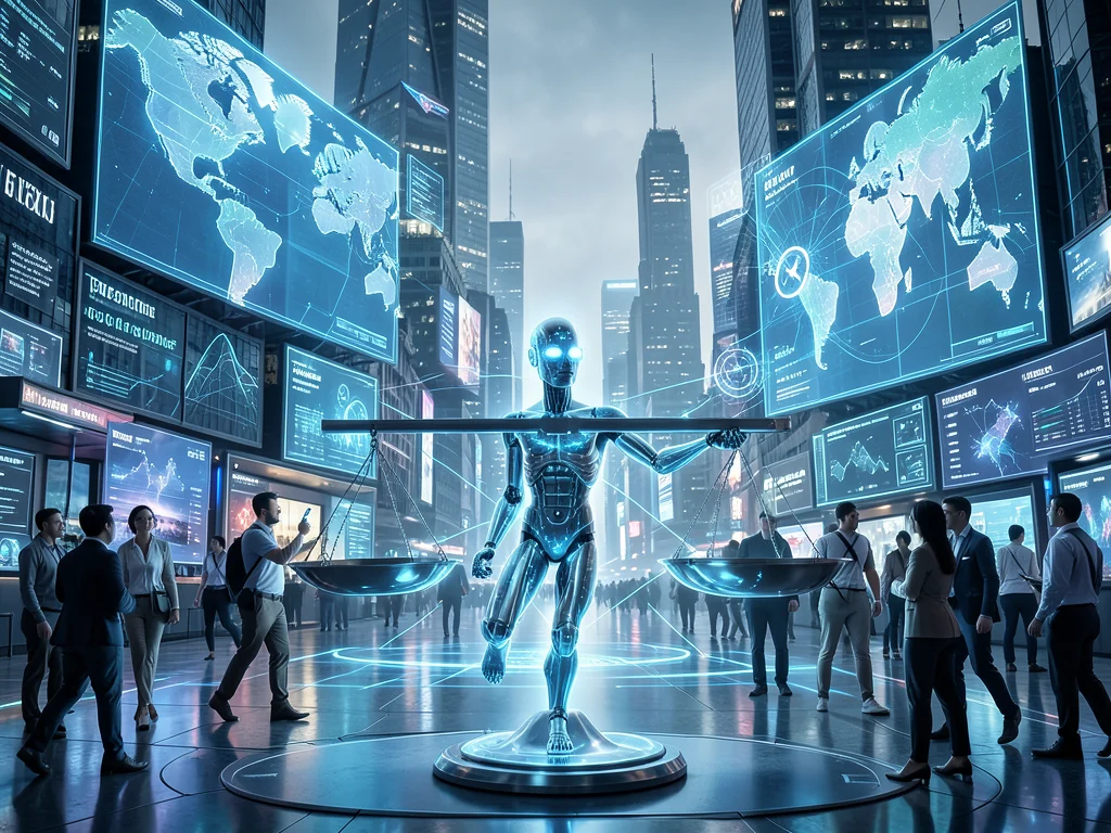 Depiction of digital peace, AI ethics, and technological innovation in a global context.