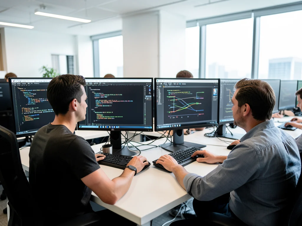 An IT department office environment with computers and network diagrams, illustrating the IT internship roles.
