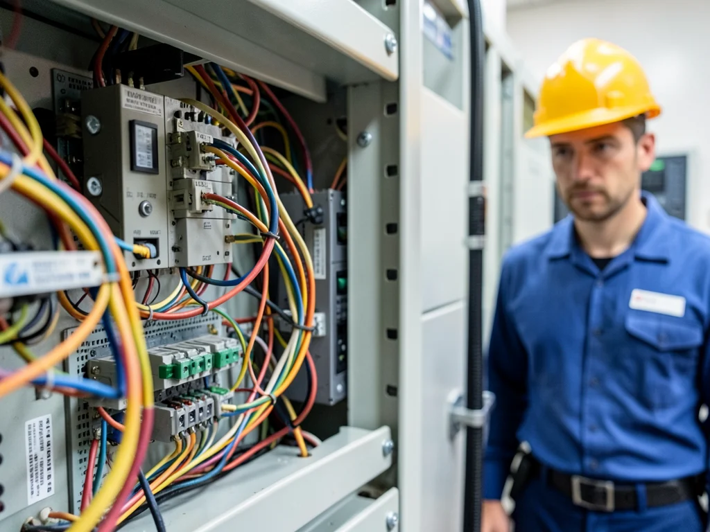 Close-up of electrical engineering components and a technician, representing the Electrical Engineering Studies WIL program.