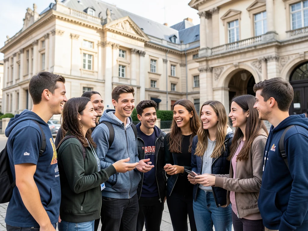 Diverse group of international students at a European university.