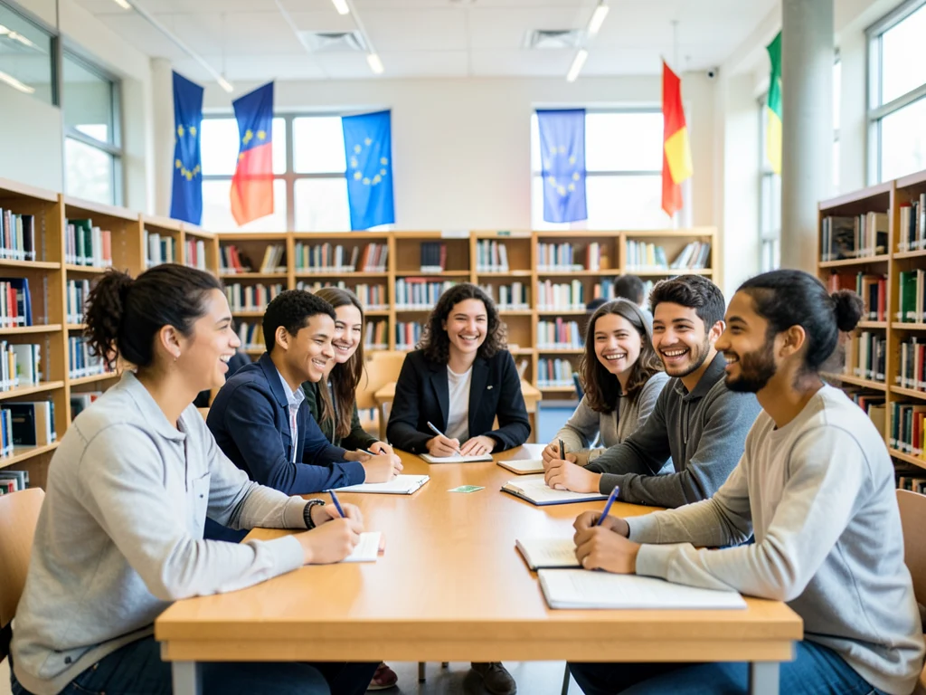 International students collaborating in a European university setting.