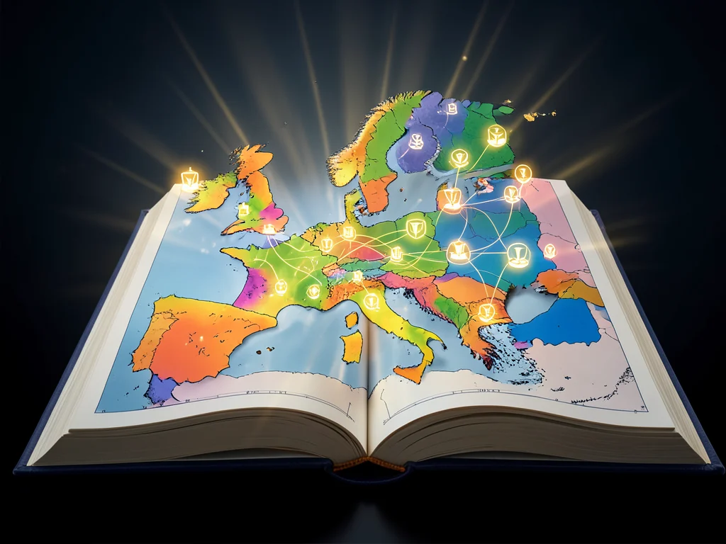 Erasmus Mundus scholarship guide: European map with glowing icons.