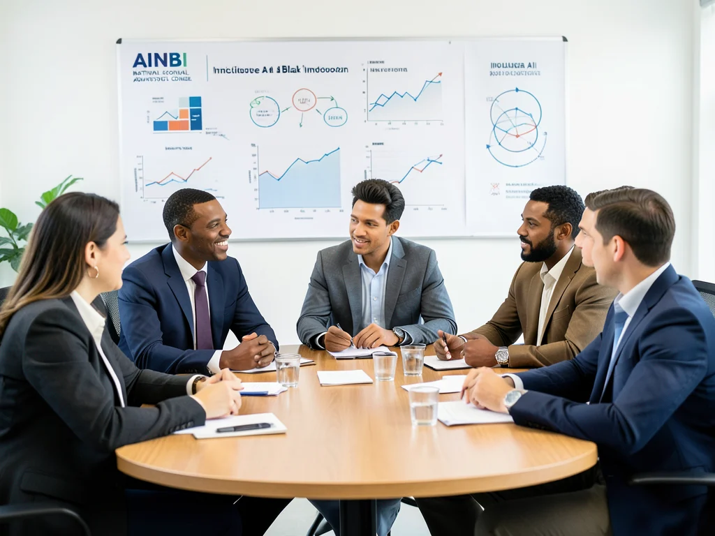 Diverse professionals collaborating on AI policy and innovation.