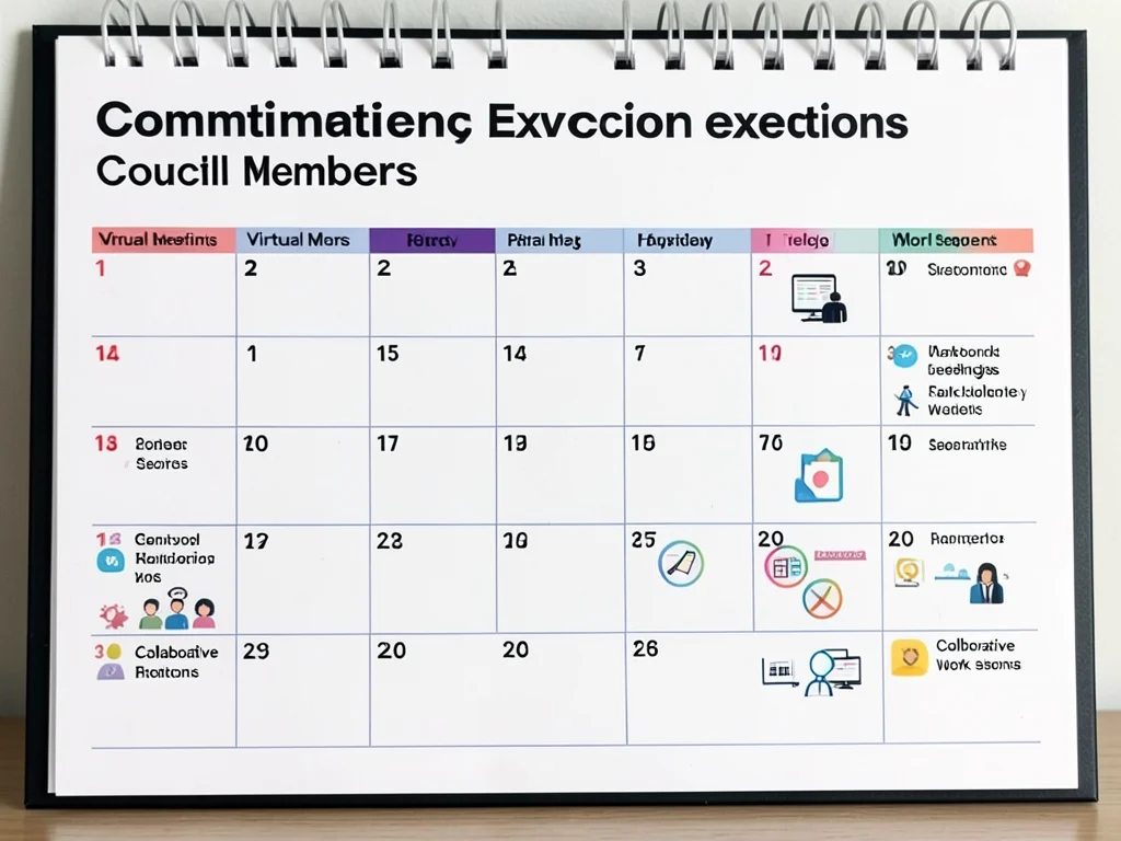 Calendar and icons symbolizing virtual meetings and flexible engagement.