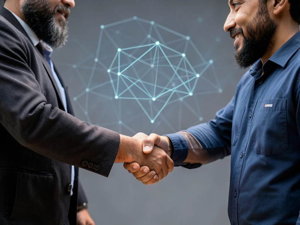 Diverse individuals shaking hands, representing collaboration and inclusion in AI.