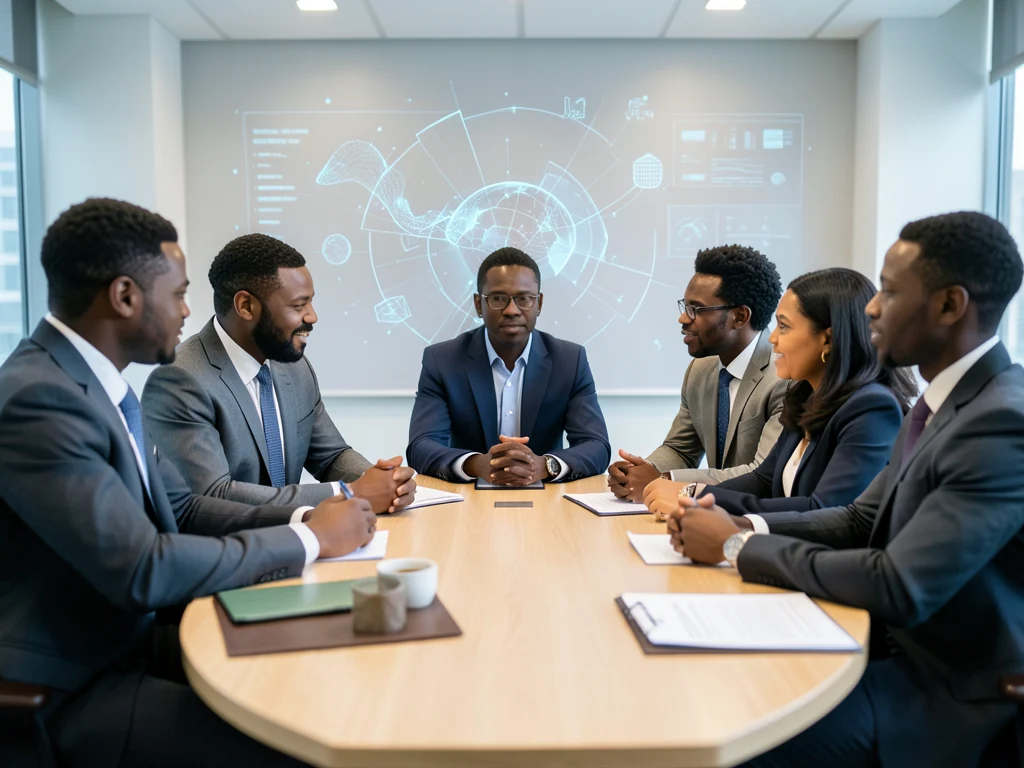 Diverse group of Black professionals discussing AI policy and innovation.