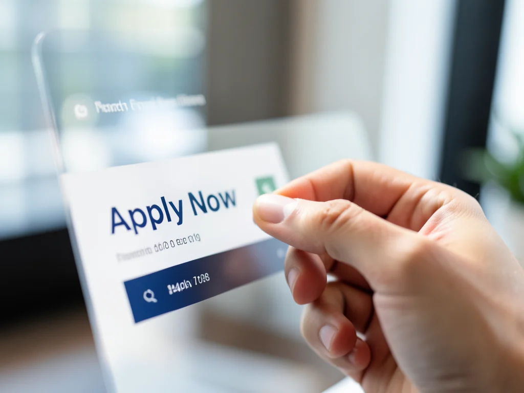 Hand clicking an 'Apply Now' button on the AINBI website.