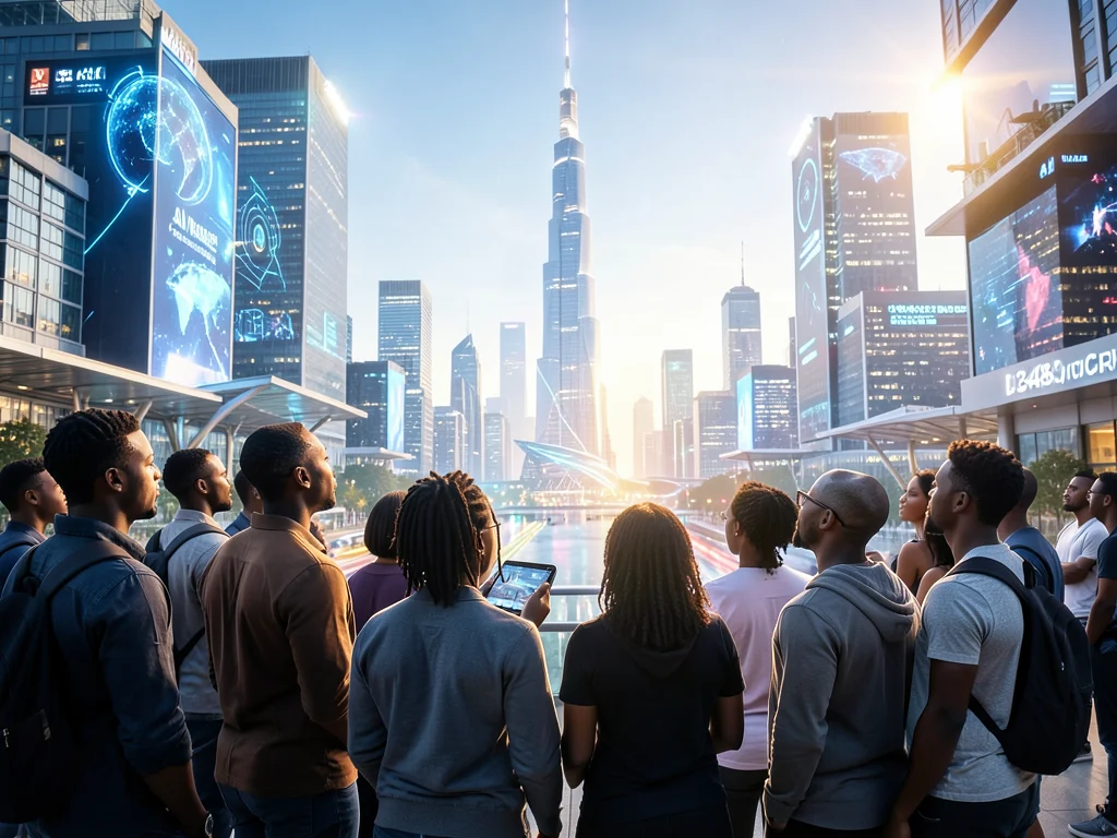Diverse Black leaders looking towards a futuristic cityscape, representing an inclusive AI future.