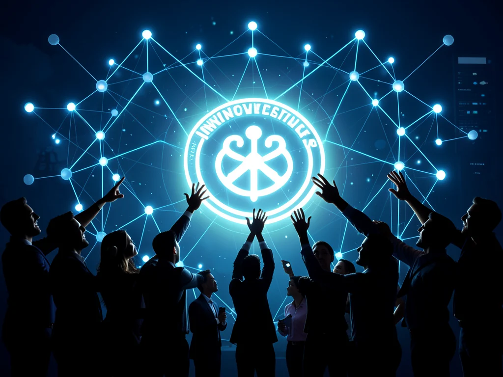 Diverse professionals connect to a glowing network, symbolizing inclusive AI and innovation.