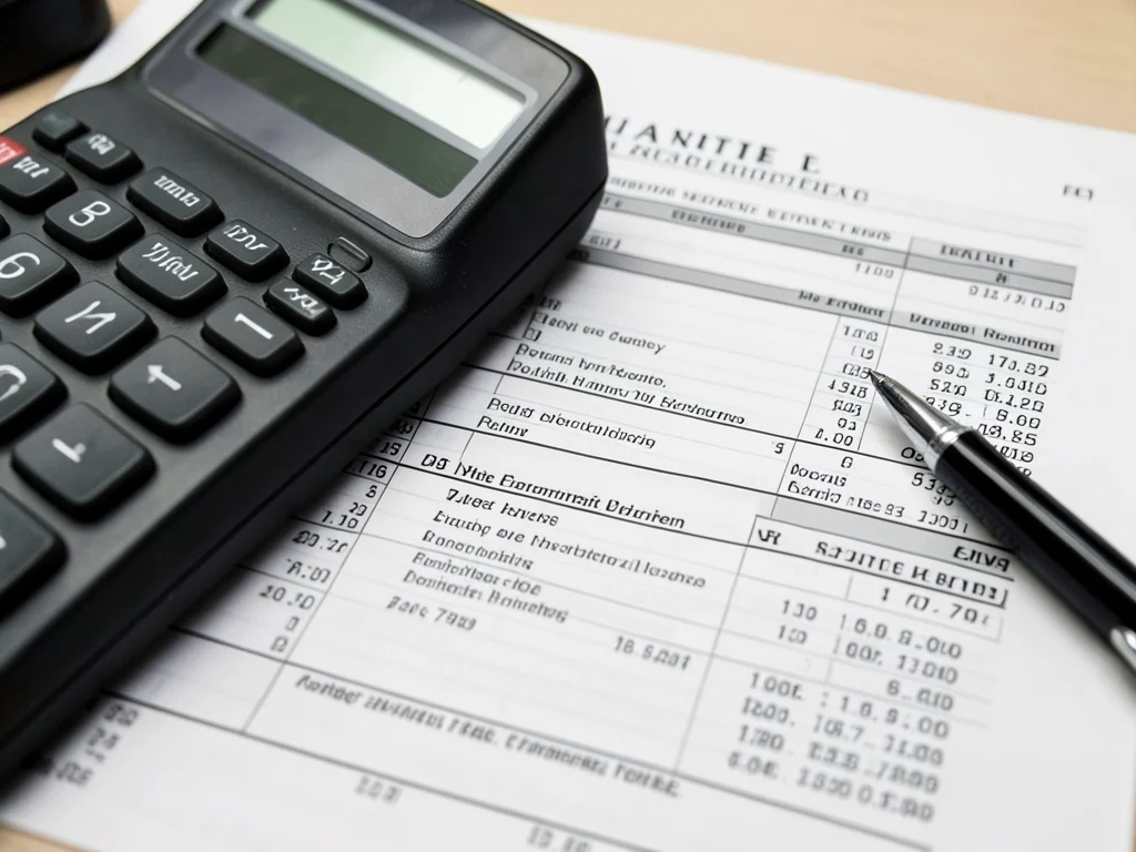 Financial ledger with a calculator and pen.