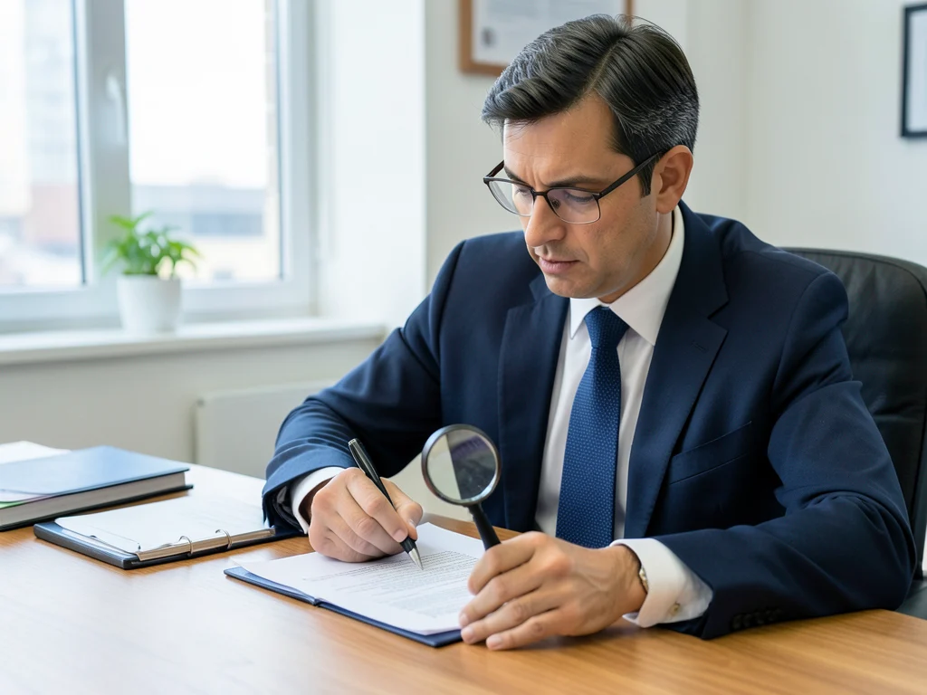 Professional examining documents with a magnifying glass.