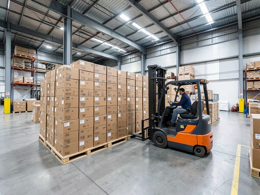 Warehouse with stacked boxes and a forklift.
