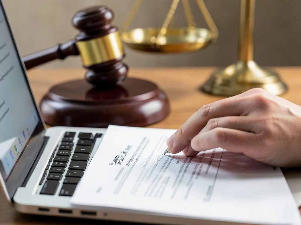 Legal documents and a gavel, representing the legal field, with a hand typing on a laptop.